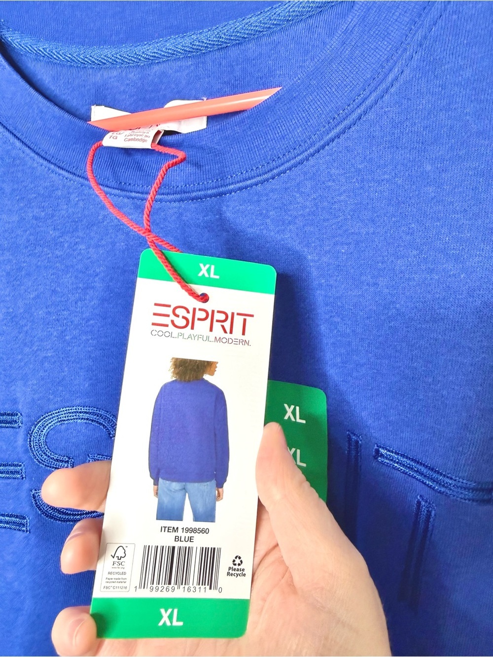 Esprit Royal Blue Crewneck Sweatshirt XL NWT Retro 80s Tonal Embroidered Logo - Picture 9 of 14